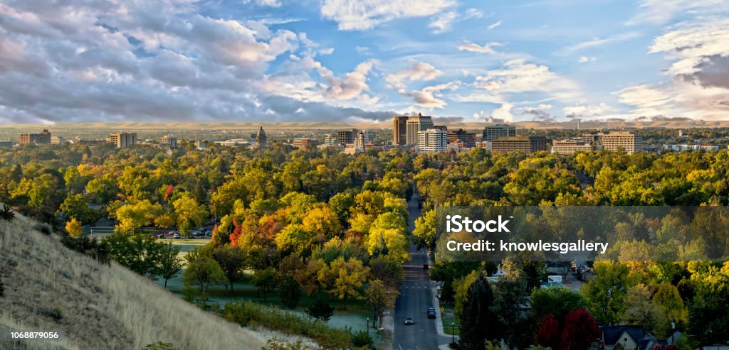 Autumn view of the city of trees Boise Idaho with cloudy sky Colorful fall trees and the skyline of Boise Idaho Boise Stock Photo