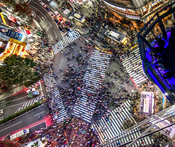 Aerial View Shibuya Crossing Tokyo Aerial view - drone point of view - down to crowd of tourists and locals crossing the famous Shibuya Crossing in Downtown Tokyo, illuminated Shibuya Buildings with billboards surrounding the zebra crossing. Twilight, close to sunset. Shibuya Crossing, Shibuya Ward, Tokyo, Japan, Asia. tokyo crowds on the famous shibuya crossing japan stock pictures, royalty-free photos & images