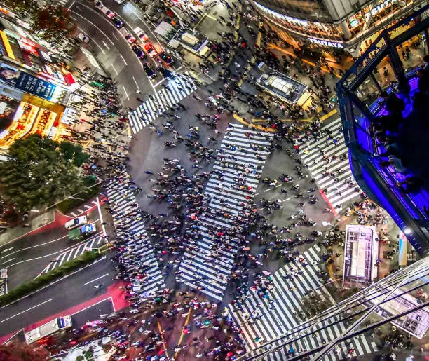 Aerial view - drone point of view - down to crowd of tourists and locals crossing the famous Shibuya Crossing in Downtown Tokyo, illuminated Shibuya Buildings with billboards surrounding the zebra crossing. Twilight, close to sunset. Shibuya Crossing, Shibuya Ward, Tokyo, Japan, Asia.
