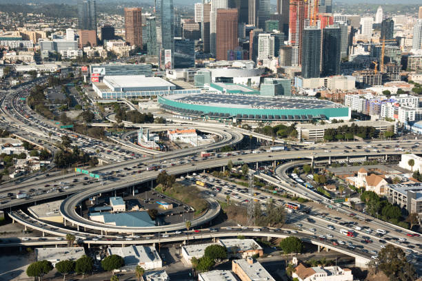 Freeways Around Downtown Los Angeles California Los Angeles, United States - March 28, 2018:  The myriad of freeways in and around the downtown area of Los Angeles, California during evening rush hour. los angeles traffic jam stock pictures, royalty-free photos & images