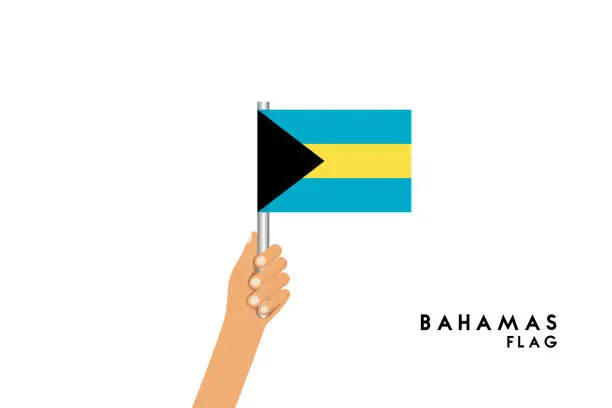 Vector illustration of Vector cartoon illustration of human hands hold Bahamas flag. Isolated object on white background.