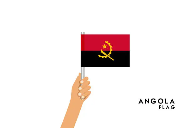 Vector illustration of Vector cartoon illustration of human hands hold Angola flag. Isolated object on white background.