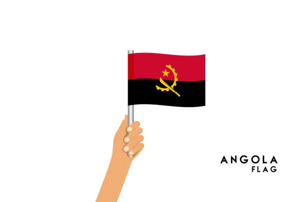 Vector illustration of Vector cartoon illustration of human hands hold Angola flag. Isolated object on white background.