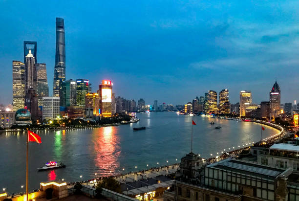 istock Shanghai Pudong skyline in evening light 1068895150