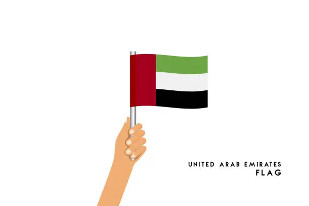Vector illustration of Vector cartoon illustration of human hands hold United Arab Emirates  flag. Isolated object on white background.