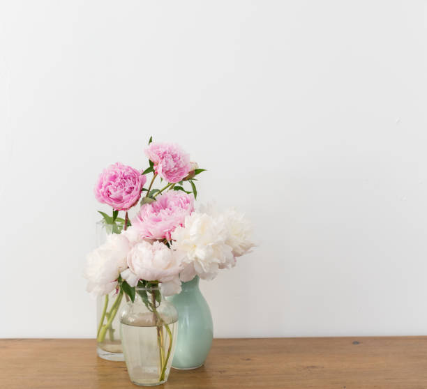 istock Pink and white peonies in vases on wooden table 1068901822