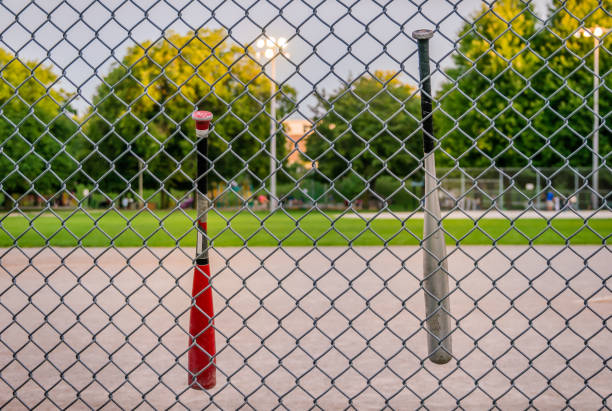 baseball-schläger hängen von einem kabelgebundenen zaun vor einem unscharfen basedball feld in der dämmerung, - baseball baseballs baseball uniform baseball diamond stock-fotos und bilder