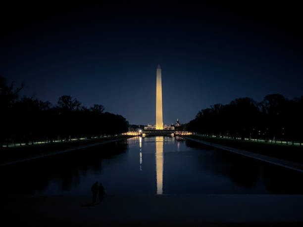 Skyline of Washington DC at twilight featuring the Lincoln memorial, Washington monument and the US Capitol building.