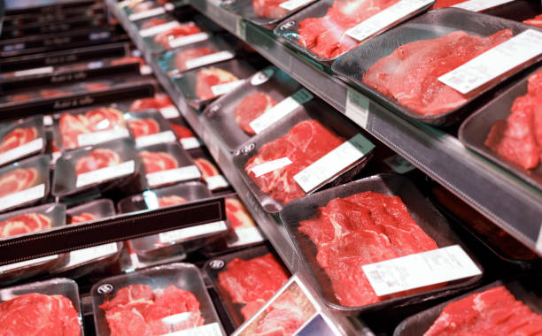 istock Showcase meat raw products in a supermarket 1068909484