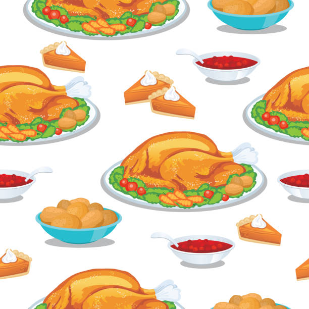 Turkey Dinner Seamless Background Repeating Pattern Turkey Dinner Seamless Vector Background Pattern cranberry sauce stock illustrations
