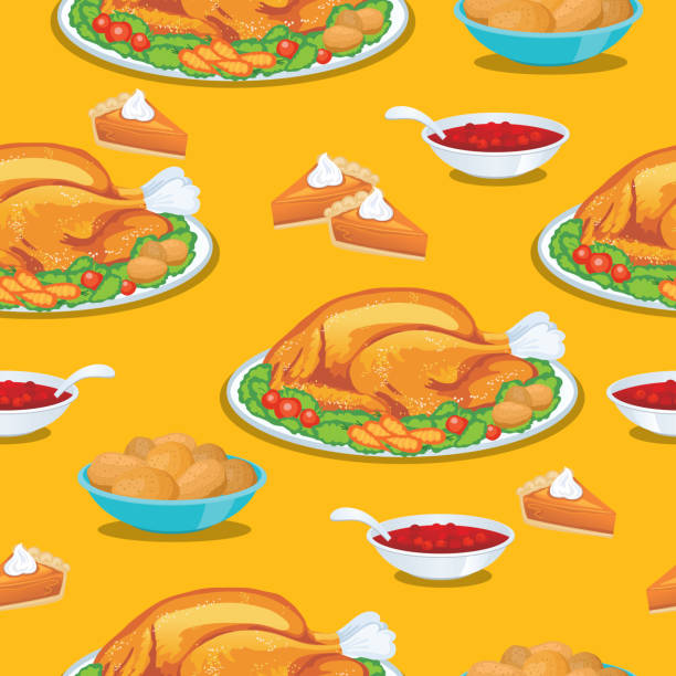 ilustrações de stock, clip art, desenhos animados e ícones de turkey dinner seamless background repeating pattern - baked potato