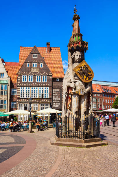BREMEN, GERMANY - JULY 06, 2018: Bremen Roland statue in the Rathausplatz market square of Bremen in Germany