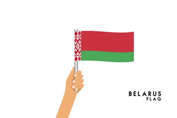 Vector illustration of Vector cartoon illustration of human hands hold Belarus flag. Isolated object on white background.