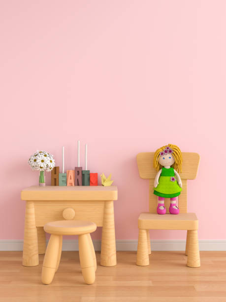 istock Wood table and chair in pink child room, 3D rendering 1068937358