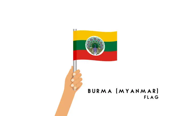 Vector illustration of Vector cartoon illustration of human hands hold Burma (Myanmar) flag. Isolated object on white background.