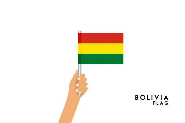 Vector illustration of Vector cartoon illustration of human hands hold Bolivia flag. Isolated object on white background.