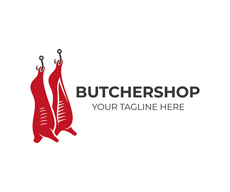 Butcher shop and animal carcasses hang on hooks, icon design. Meal, food and meat, vector design and illustration