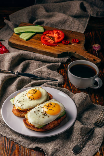 istock Bruschettas with vegetables and fried eggs with cup of coffee 1068944038