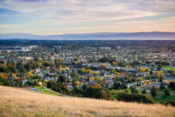 View towards Fremont and Union City, San Francisco bay, California View towards Fremont and Union City from Garin Dry Creek Pioneer Regional Park on a sunny autumn evening, San Francisco bay, California east photos stock pictures, royalty-free photos & images