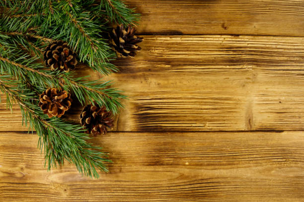 istock Christmas composition with fir tree branches and cones on wooden background. Top view, copy space 1068956610