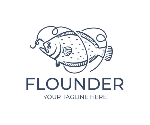 Fishing and fish, flounder grabs bait on hook and line, icon design. Seafood, food, angling on nature, vector design and illustration Fishing and fish, flounder grabs bait on hook and line, icon design. Seafood, food, angling on nature, vector design and illustration turbot stock illustrations
