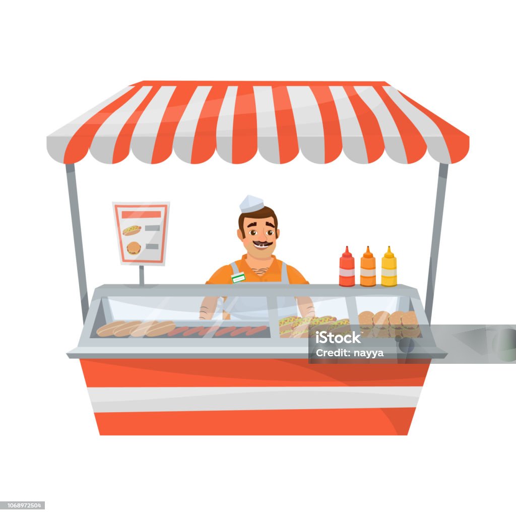Hot dog street stand with seller Hot dog street stand for selling fast food  (hot dogs, burgers) with seller. Vector isolated cartoon object for your design project Adult stock vector