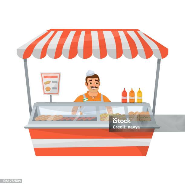 Hot Dog Street Stand With Seller Stock Illustration - Download Image Now - Adult, Backgrounds, Building Exterior