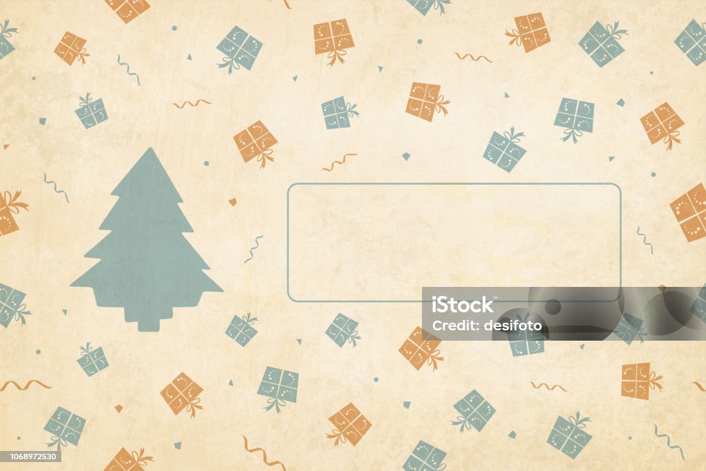 Vector Illustration of a semi seamless Xmas grunge background (design only, not grunge)  Vintage colors, beige, pale green blue and dull orange party and celebration elements like swirls, wrapped up gift boxes,confetti, swirls and one Christmas tree Vector Illustration of a semi seamless Xmas grunge background (design only, not grunge)  Vintage colours, beige, pale green blue and dull orange party and celebration elements like swirls, wrapped up gift boxes,confetti, swirls and one Christmas tree over a pale yellowish backdrop. No text, no people, Can be used as a wallpaper, Xmas or New Year background, gift wrapping sheet . The gift boxes are wrapped up by a ribbon and tied into a two looped bow with forked ends. The gift boxes have a dotted curved pattern detail. There is a big pale blue green Xmas tree towards the left, that is geometrical modular and and filled up in flat pale blue green color.The rest of the objects are smaller in size and are scattered all over randomly. A rectangular label with rounded corners for copy space with pale green blue border and beige empty fill. Abstract stock vector