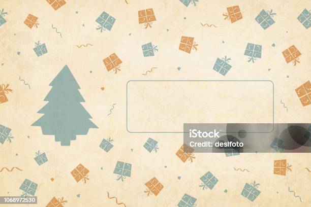 Vector Illustration Of A Semi Seamless Xmas Grunge Background Vintage Colors Beige Pale Green Blue And Dull Orange Party And Celebration Elements Like Swirls Wrapped Up Gift Boxesconfetti Swirls And One Christmas Tree Stock Illustration - Download Image Now