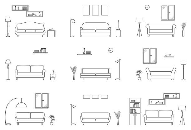leeren wohnzimmer-icon-set. übersicht möbel silhouette hintergrund - sofa stock-grafiken, -clipart, -cartoons und -symbole
