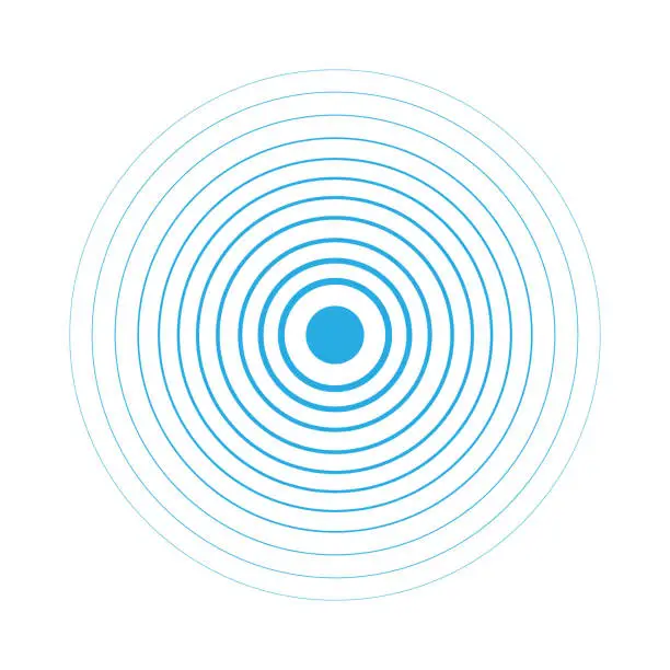 Vector illustration of Radar screen concentric circle elements. Vector illustration for sound wave. White and blue color ring. Circle spin target. Radio station signal. Center minimal radial ripple line outline abstraction