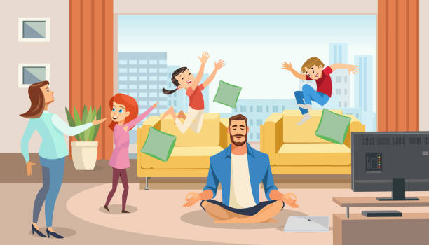 Happy father in lotus position surrounded family Happy father in lotus position surrounded family. Home relax concept with fun cartoon characters. Vector illuctration of parent and children at living room modern interior. meditation room stock illustrations