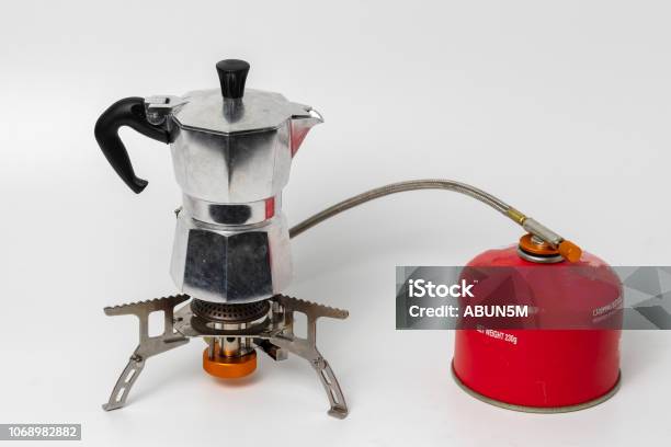 Classic Silver Moka Pot Hand Brews Coffee Maker On Portable Stove