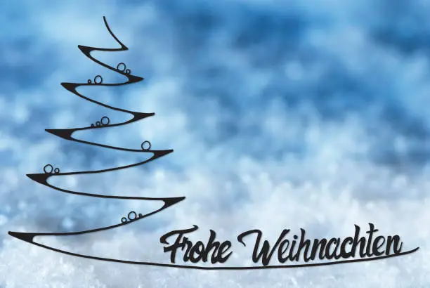 Line Sketch Of Christmas Tree With Christmas Tree Ball Ornament. German Calligraphy Frohe Weihnachten Means Merry Christmas. Blue Snow Background