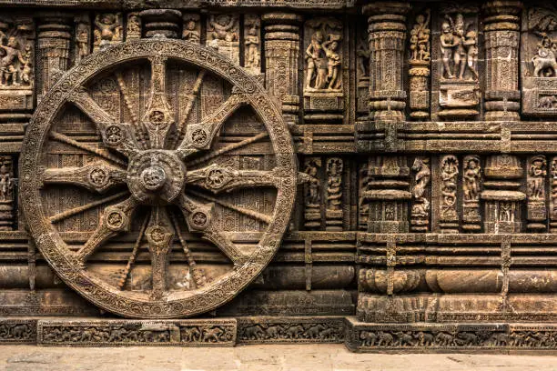 Photo of Carved chariot wheel on Konark Sun Temple, Odisha, India