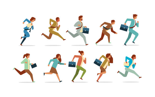 ilustraciones, imágenes clip art, dibujos animados e iconos de stock de pueblo de negocio funcionando a competencia concepto hombre mujer trabajadores colección horizontal - runner