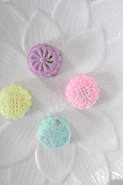 istock Top view of Snow Skin Mooncake on White Dish 1069011482