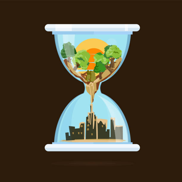 ilustraciones, imágenes clip art, dibujos animados e iconos de stock de reloj de arena con tierra y árboles en la ciudad. salvar el concepto de árbol - vector - rana en bosque corriente