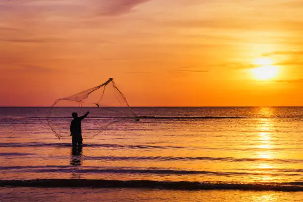 Photo of Silhouette of fisherman throwing fishing net in morning at tropical sea at beautiful sunrise, twilight sky background.