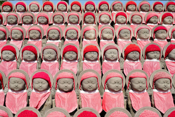 Kagawa, Japan - October 26, 2018; View of Mizuko Jizo statues, giving comfort to the women who have miscarried, Kagawa Kozai-temple.