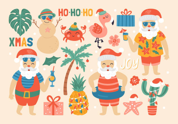 Christmas holiday cute elements set with Santa Claus on sea beach. Christmas holiday cute elements set with Santa Claus on sea beach. Childish print for cards, stickers, apparel and nursery decoration. Vector Illustration pineapple beach stock illustrations