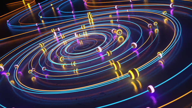 istock Glowing spheres moving along bright swirled lines 1069060546