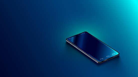 Modern black smart phone lies on a smooth dark blue surface or table in perspective view. Realistic vector illustration isometric smartphone. New shiny mobile cellphone with reflection on the screen