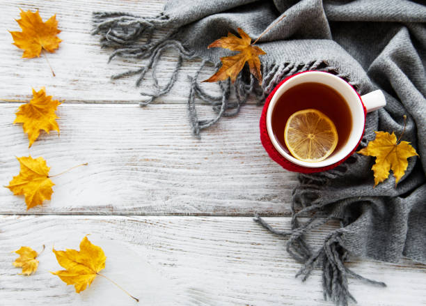 istock autumn flat lay with cup of tea and leaves 1069076114