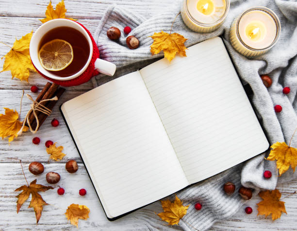istock autumn flat lay with notebook, cup of tea and leaves 1069076122