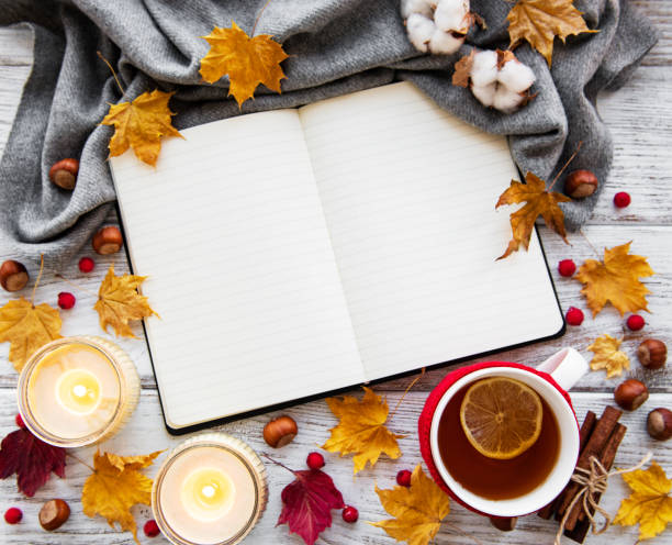 istock autumn flat lay with notebook, cup of tea and leaves 1069076134