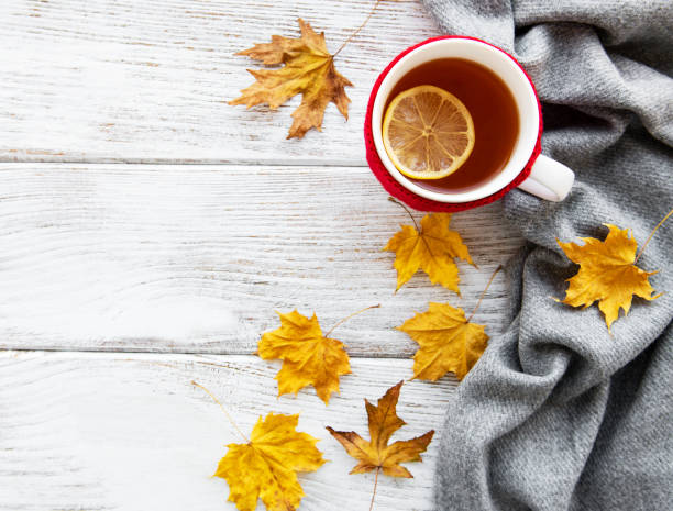 istock autumn flat lay with cup of tea and leaves 1069076162