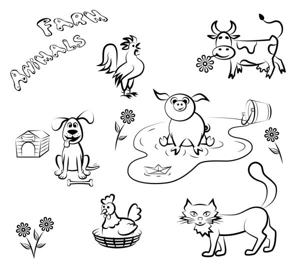 illustrazioni stock, clip art, cartoni animati e icone di tendenza di animali da fattoria in stile lineare. set di illustrazione vettoriale. - dog spotted purebred dog kennel