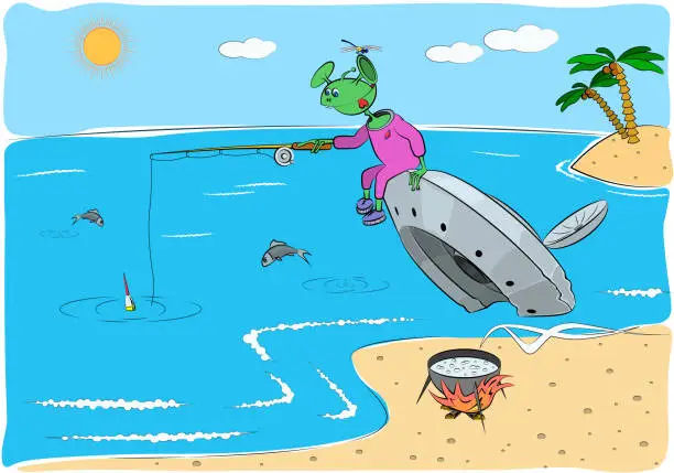 Vector illustration of The alien catches fish sitting on the crashed flying saucer.