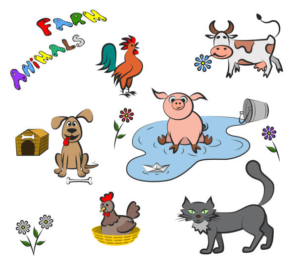 illustrazioni stock, clip art, cartoni animati e icone di tendenza di animali da fattoria in stile piatto. set di illustrazione vettoriale. - dog spotted purebred dog kennel